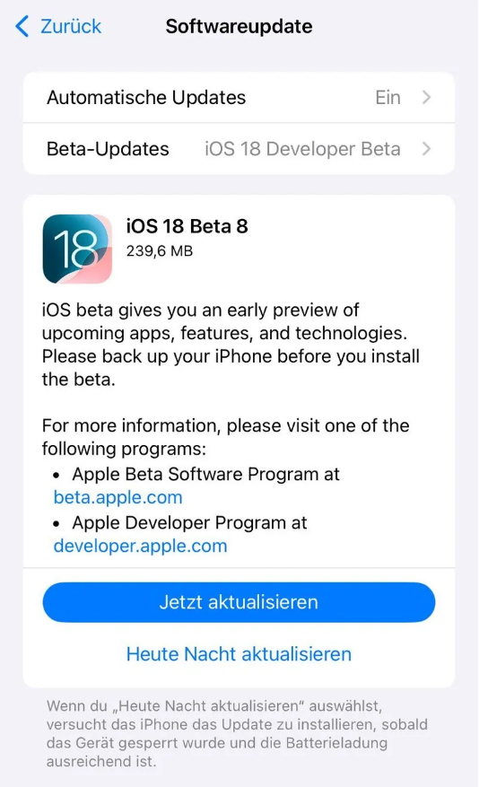 额敏苹果手机维修分享苹果 iOS / iPadOS 18 开发者预览版 Beta 8 发布 